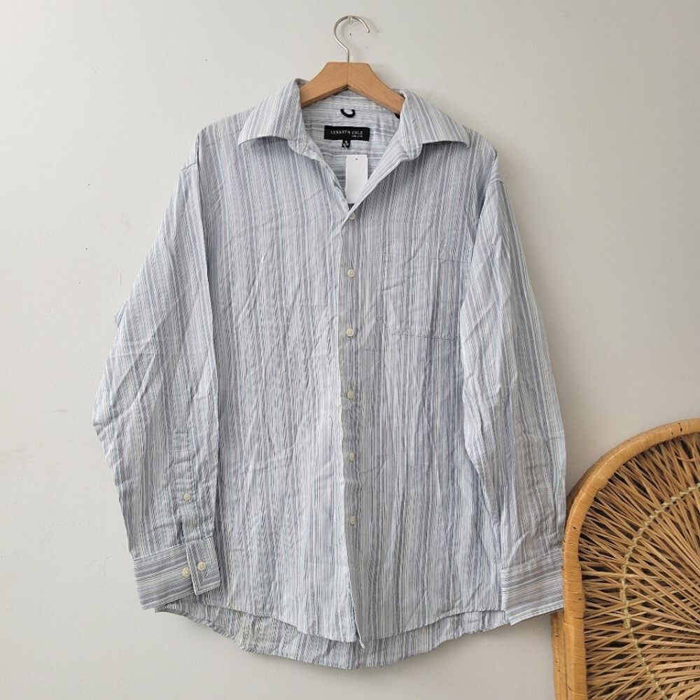 Kenneth Cole New York Striped Button Down Shirt White Blue 16 34-35